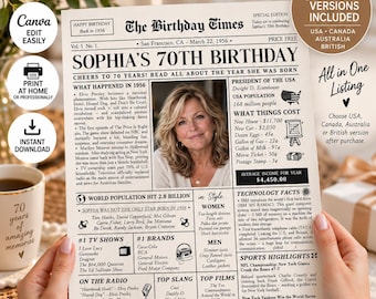 70th Birthday Editable Newspaper Canva Template 1956 Birthday Times Infographic Printable Gift 70 Year Old Present Party Poster Decoration