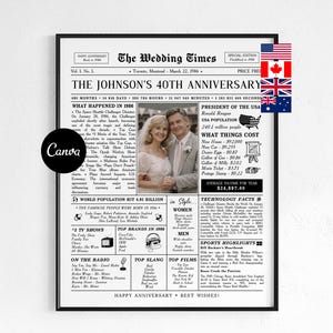 May include: A framed newspaper print celebrating the Johnson's 40th Anniversary, dated March 22, 1986. The print includes a photo of a couple, headlines, and details about the year's events, with flags of the USA, Canada, UK, and Australia.