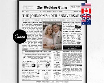 40th Anniversary Newspaper Canva Template, 1986 Wedding Infographic Poster (Digital Download)