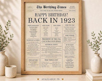 1923 Birthday Newspaper Poster, Back in 1923 Sign, Instant Download Vintage Birthday Decor, Digital File