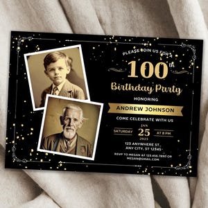 Faire-part 100e anniversaire avec photo | Invitation photo d'anniversaire adulte | Carte d'invitation de paysage d'or noir d'anniversaire pour homme | Modèle de toile