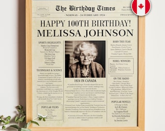 100th Birthday Newspaper Poster, Personalized 100th Birthday Poster, 1924 Birthday Sign, Back in 1924 Poster,  100th Birthday Decorations