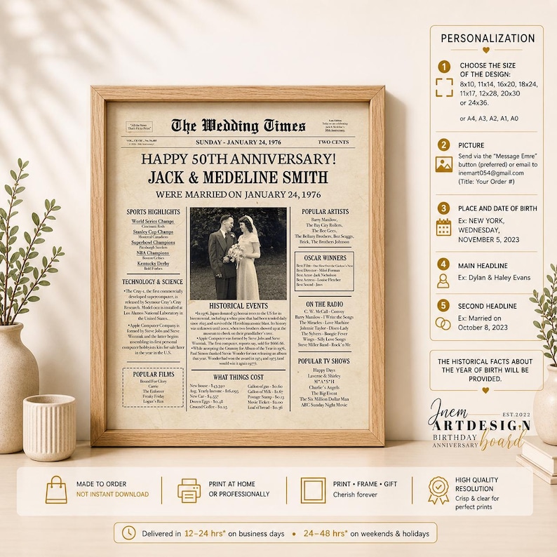 1976 Newspaper Poster – 50th Wedding Anniversary Gift for Parents (Digital Download) image 4
