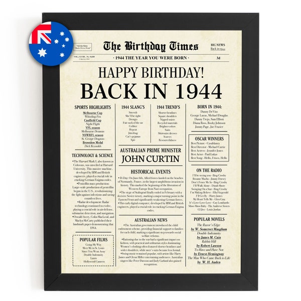 44 AUSTRALIA, 80. Geburtstag Zeitungsdruck Australier, 1944 Geburtstagsplakat SOFORTIGER DOWNLOAD, vor 80 Jahren zurück im Jahr 1944 Druck für Aussie