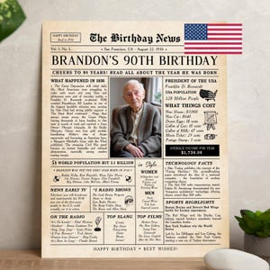 Op de afbeelding: Een verjaardags krantenprint in vintage-stijl ter viering van Brandon's 90e verjaardag in 1936. Het ontwerp bevat krantenkoppen, artikelen en een afbeelding van een oudere man, met een Amerikaanse vlag in de rechterbovenhoek.