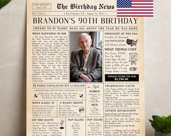 90th Birthday Personalized Newspaper Poster, USA 1936 Facts (Digital Download)