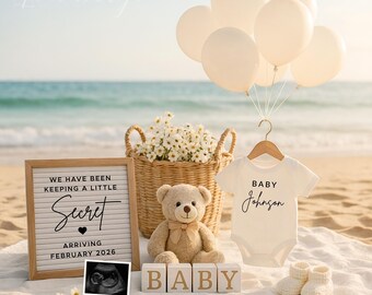 May include: A beach scene with baby announcement items. Includes a letter board with text, a teddy bear, a basket of flowers, balloons, a baby onesie, baby booties, and blocks spelling "BABY". The ultrasound image is also visible.