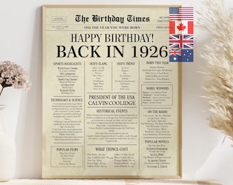 1926 Birthday Newspaper Poster: Born in 1926 Highlights 100th birthday gift