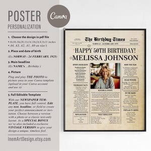 50th Birthday Newspaper Poster: 1975 Vintage Canva Template (Digital) image 3