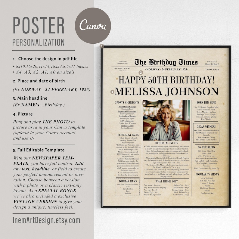 50th Birthday Newspaper Poster: 1975 Vintage Canva Template (Digital) image 3
