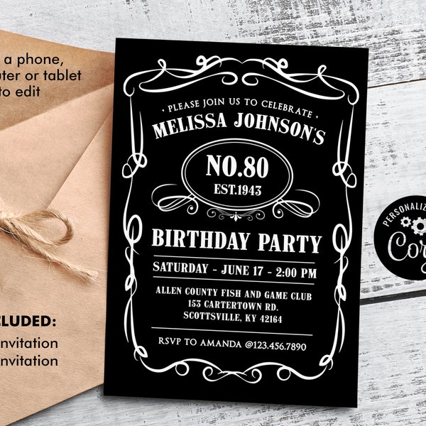 80th Birthday Invitation for Men, Vintage Whiskey Themed Birthday Invitation, Birthday Party Invite, Liquor Themed Birthday Invitation