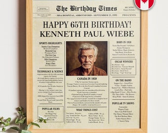 65th birthday CANADIAN gifts for women or men, 65th birthday decorations, 1959 birthday poster, 65th Birthday newspaper, back in 1959