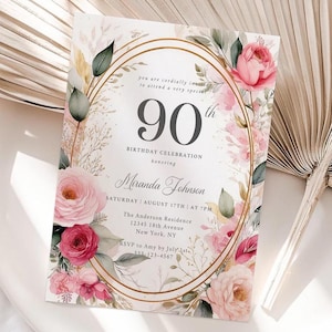 90. Geburtstagseinladung für Frauen - Rosa & Gold Floral, elegante druckbare Partyeinladung für Oma oder Mutter, digitale Canva-Vorlage