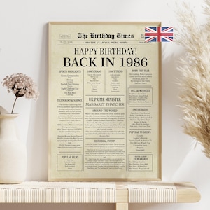 The Digital download of a 40th birthday newspaper-style poster. if features custom details like that news highlights, cost of living, pop culture, and sports winners from 1986 for United Kingdom.