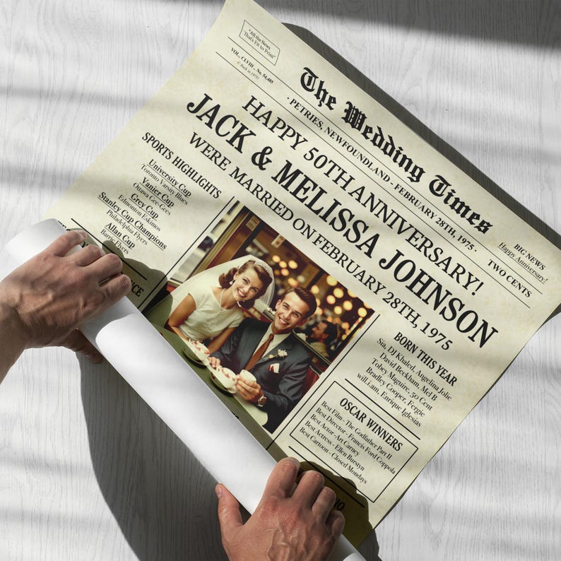 May include: A vintage newspaper style poster with a photo of a couple celebrating their 50th wedding anniversary. The poster is titled "The Wedding Times" and includes the couple's names, "Jack & Melissa Johnson", and the date of their wedding, "February 28th, 1975".