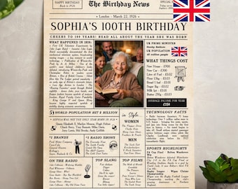 Manifesto di giornale del 1926, regalo per il centenario, notizie e curiosità dal Regno Unito (download digitale)
