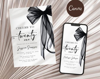 Coquette Black Bow 21st Birthday Invitation: Editable Digital Invite (DIY)