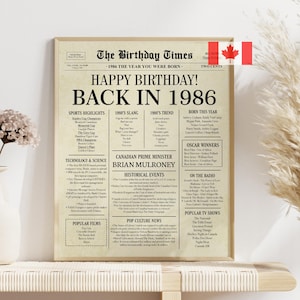 The Digital download of a 40th birthday newspaper-style poster. if features custom details like that news highlights, cost of living, pop culture, and sports winners from 1986 for Canada.