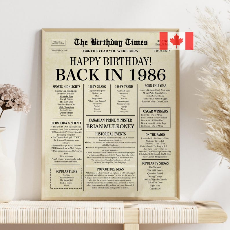 The Digital download of a 40th birthday newspaper-style poster. if features custom details like that news highlights, cost of living, pop culture, and sports winners from 1986 for Canada.