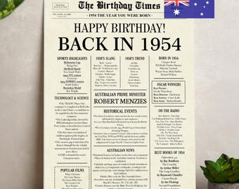 Póster de periódico australiano de cumpleaños de 1954: regalo del 72.º cumpleaños (descarga digital)