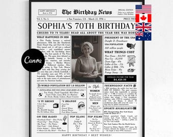 70th Birthday Editable Newspaper Canva Template 1956 Birthday Times Infographic Printable Gift 70 Year Old Present Party Poster Decoration