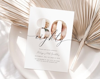 80th Birthday Invitation Template: Minimalist Boho Design (Digital Download)