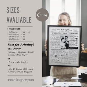 Puede incluir: Una impresi&oacute;n en blanco y negro enmarcada titulada "El 50 aniversario de los Johnson" sostenida por una persona. La impresi&oacute;n se asemeja a una portada de peri&oacute;dico con texto y una foto de una pareja. Tama&ntilde;os disponibles: 20x25cm, 28x35cm, 40x50cm y 45x60cm.