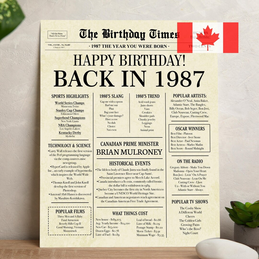 Back in 1987 CANADA 38th Birthday Newspaper Sign Canadian 1987 Birthday ...
