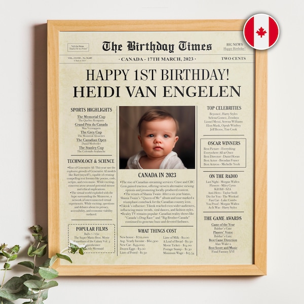 First Birthday Gift, 1st Birthday Newspaper, Baby First Birthday Gift, Back in 2023 Canada birthday poster, one year old girl or boy gift