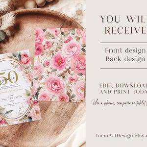 May include: Editable 50th anniversary invitation template with a floral design. The front features a gold oval with the text "Celebrating 50 Years" and pink flowers. The back features a pink floral pattern.