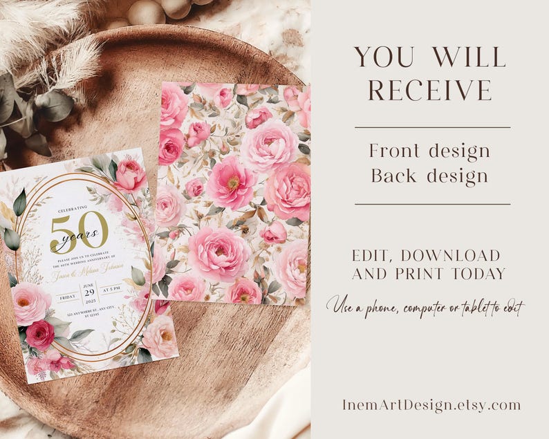 May include: Editable 50th anniversary invitation template with a floral design. The front features a gold oval with the text "Celebrating 50 Years" and pink flowers. The back features a pink floral pattern.