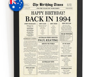 1994 AUSTRALIE, Journal du 30e anniversaire australien, Cadeau du 30e anniversaire, Affiche d’anniversaire 1994 il y a 30 ans en 1994, 30e anniversaire