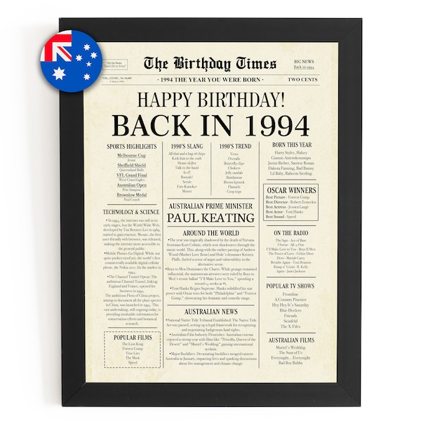 1994 AUSTRALIA, 30th Birthday Newspaper Australian, 30th Birthday Gift, 1994 Birthday Poster 30 Years Ago Back in 1994, 30th Anniversary