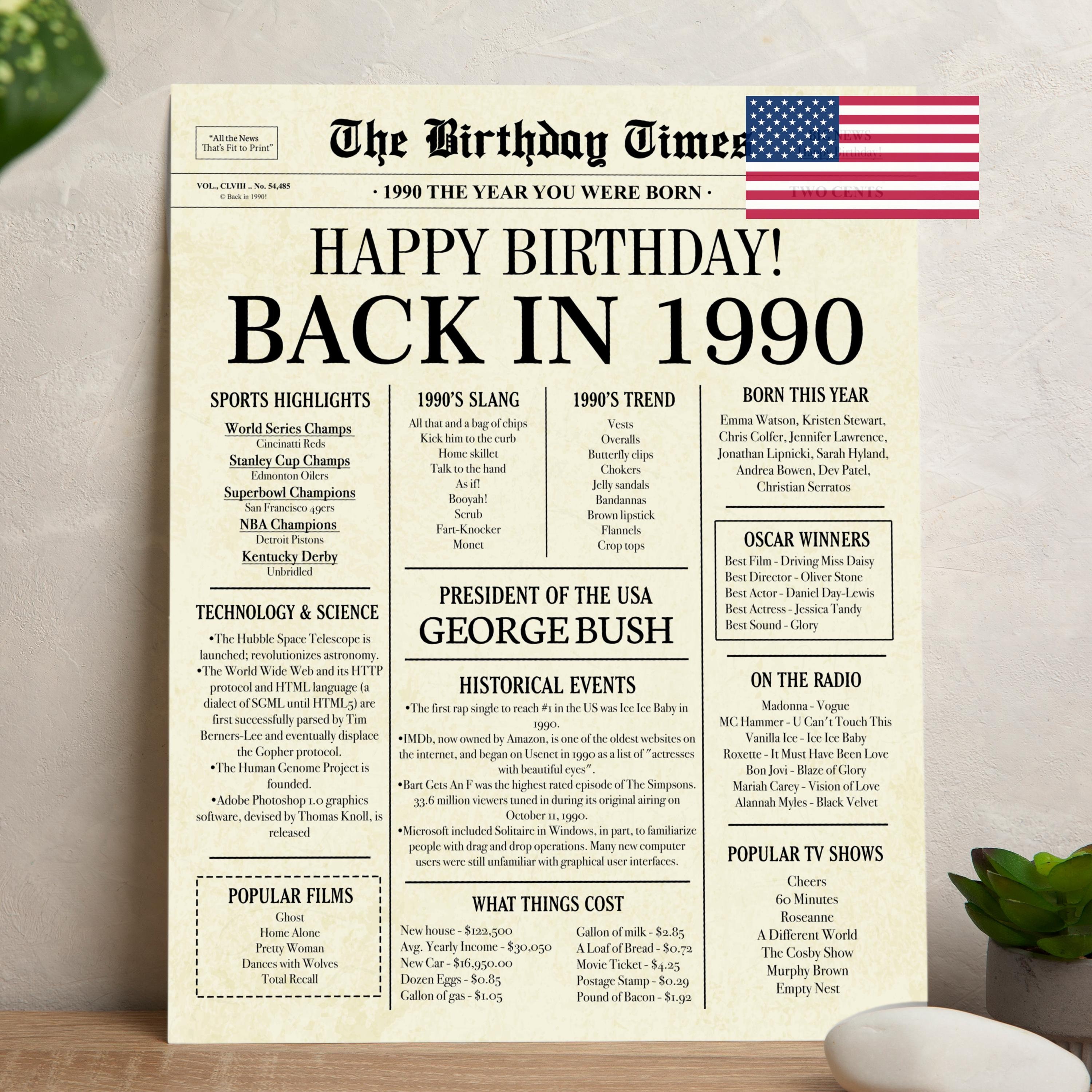 1990 Birthday Newspaper Poster: 35th Birthday USA Facts (digital 1990 Birthday Newspaper Poster: 35th Birthday USA Facts (digital