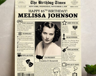 85th Birthday NEWSPAPER Poster, Personalized Birthday Sign, Back in 1939 Poster, 85th Birthday Gift for Women, 85th Birthday Decorations