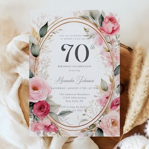 Faire-part 70e anniversaire pour femme - floral rose et or, élégant invitation de fête imprimable pour grand-mère ou femme, modèle numérique de toile