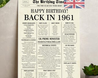 65th Birthday 1961 UK Newspaper Poster: British Fun Facts (Digital Download)