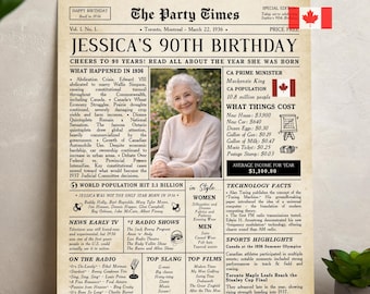 90th Birthday Newspaper Poster, Canada 1936 Facts (Digital Download)