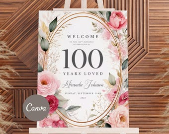 100th Birthday Welcome Sign: Blush Pink & Gold Floral (Digital Canva Template)
