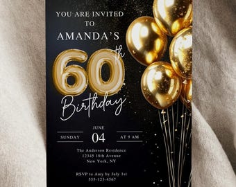 Elegant 60th Birthday Invitation Template: Gold & Black (Digital Download, Editable Canva File)