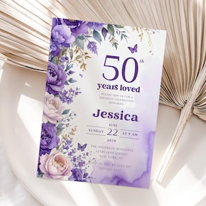 Lila Blumen 50. Geburtstagseinladung: Schmetterling Canva Template (Digitaler Download 13 x 18 cm & Mobile Evite)
