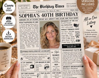 40th Birthday Editable Newspaper Canva Template 1986 Birthday Times Infographic Printable Gift 40 Year Old Present Party Poster Decoration