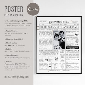 Puede incluir: P&oacute;ster enmarcado en negro con texto y una foto en blanco y negro de una pareja. El p&oacute;ster es un regalo personalizado de aniversario de bodas, con el t&iacute;tulo "The Johnson's 50th Anniversary" y "The Wedding Times."