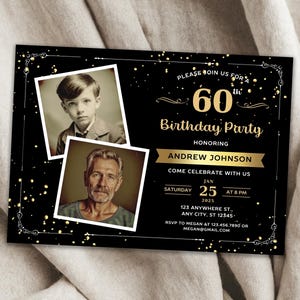 Faire-part 60e anniversaire avec photo | Invitation photo d'anniversaire adulte | Carte d'invitation de paysage d'or noir d'anniversaire pour homme | Modèle de toile