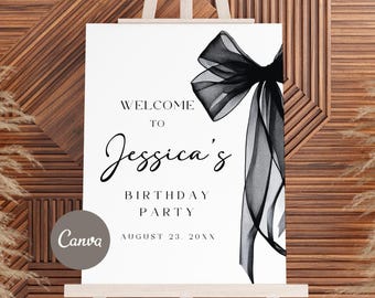 Cartello di benvenuto per il compleanno con fiocco nero: modello Canva modificabile (download digitale)