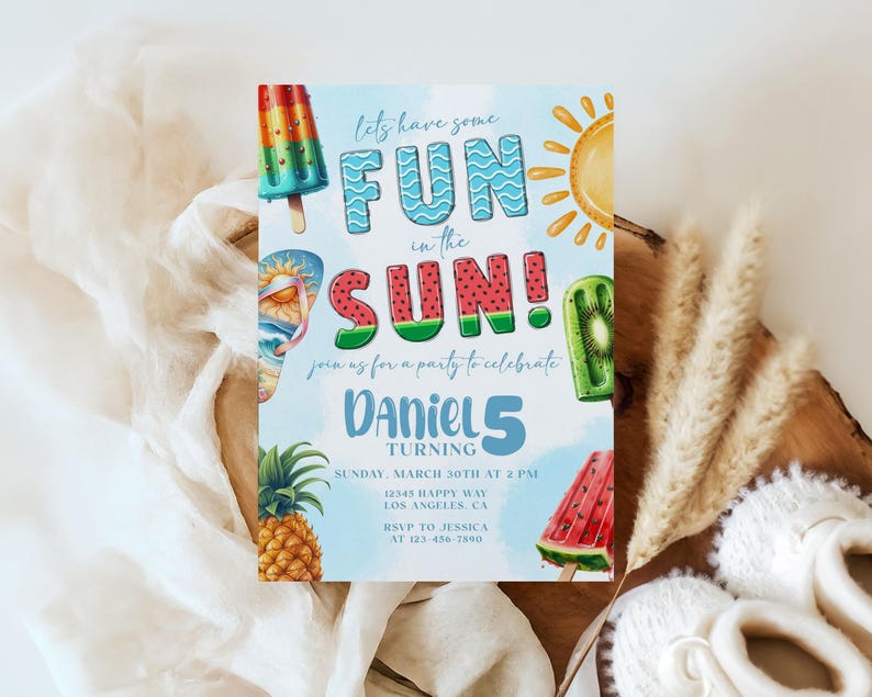 Summer Birthday Invitation: Fun in the Sun, Popsicle & Watermelon (Editable Template) image 8