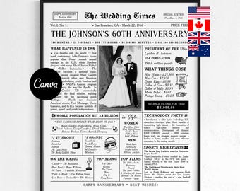 60th Anniversary Newspaper Canva Template, 1966 Wedding Infographic Printable Gift, 60 Years Married Poster for Parents or Couple