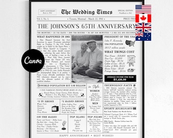 May include: A framed black and white print of The Wedding Times newspaper, celebrating the Johnson's 65th Anniversary. The print includes a photo of an elderly couple and historical facts from 1961.