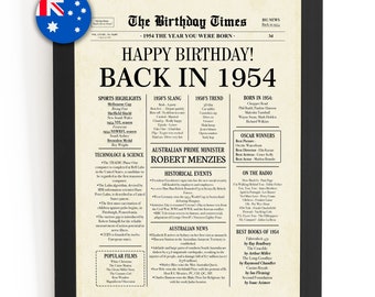 1954 AUSTRALIA, 70th birthday newspaper print Australian, 1954 birthday poster INSTANT DOWNLOAD, 70 years ago back in 1954 print for Aussie