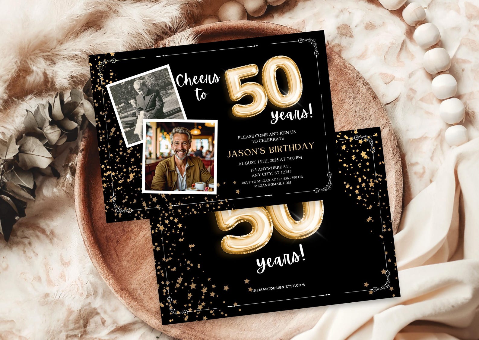 50th Birthday Invitation With Photo: Black and Gold Canva Template ...
